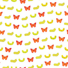 Yellow caterpillars and red butterflies seamless pattern © parodi