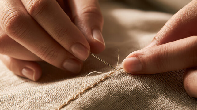 Adult hands creating a precise running stitch through linen fabric  