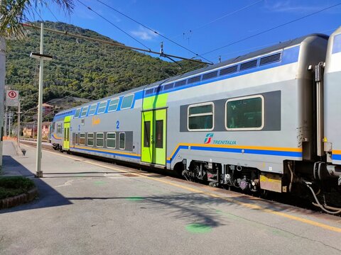 Finale Ligure, Italy - September 20, 2026: Trains of Trenitalia at railway station at Italy.