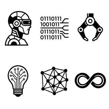 Artificial intelligence and robotics icon set, robot head, binary code, robotic arm, circuit light bulb, neural network, infinity loop, black and white vector glyph icons