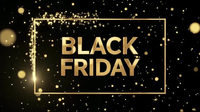 Black Friday golden text sale banner 3d render framed in luxury metallic border with exploding glittering particles and sparks loop
