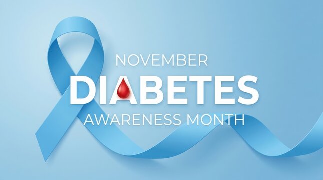 November diabetes awareness month with blue ribbon and blood drop