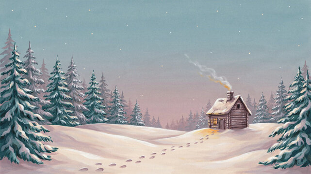 Peaceful Snow Covered Spruce Forest at Winter Twilight with Muted Teal Trees, Soft Plum Sky and Delicate Hand Painted Gouache Texture