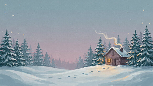 Wide Winter Holiday Banner Featuring a Small Glowing Cabin in a Snowy Spruce Forest Beneath an Open Twilight Sky with Elegant Hand Painted Texture and Copy Space