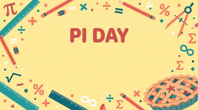 Cute Pi Day vector illustration, colorful math symbols, calculus ruler, pencil, and lattice pie on yellow background for classroom education banner
