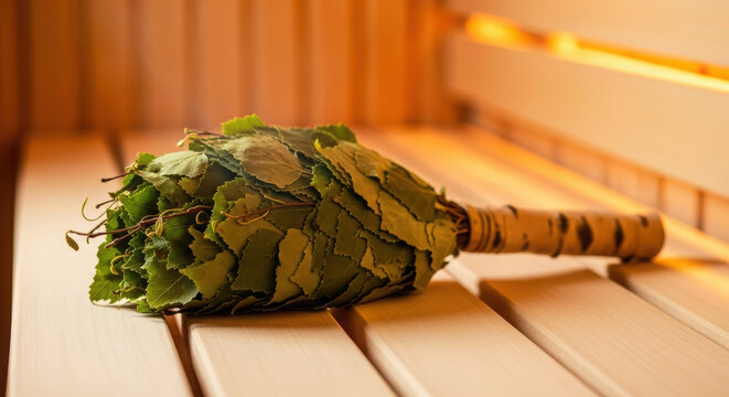 Birch sauna whisk made of fresh green leaves rests on wooden bench in a warm, inviting sauna environment, showcasing traditional wellness practices and relaxation techniques