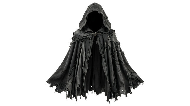 Dark mysterious hooded cloak with ragged fabric isolated against a bright solid white background
