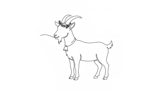 Continuous line of a goat with floral wreath and bell, minimalist hand-drawn animation on white background