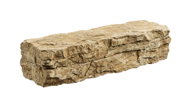 Rough textured natural sandstone block bench isolated on white background for architectural landscaping design projects