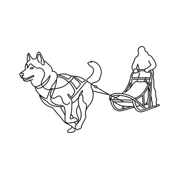 A minimal monoline line art silhouette of a husky dog in a harness pulling a sled
