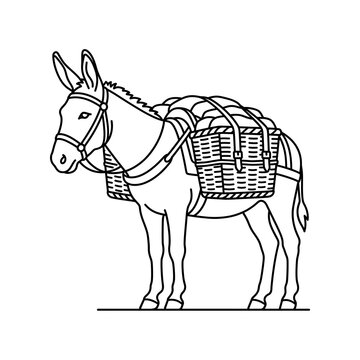 A minimal monoline line art silhouette of a donkey with large side baskets or packs.