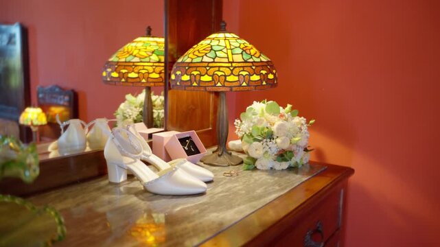 White bridal shoes, bouquet, and gold rings sit on a polished dresser beside a stained glass lamp in a warm Italian room.