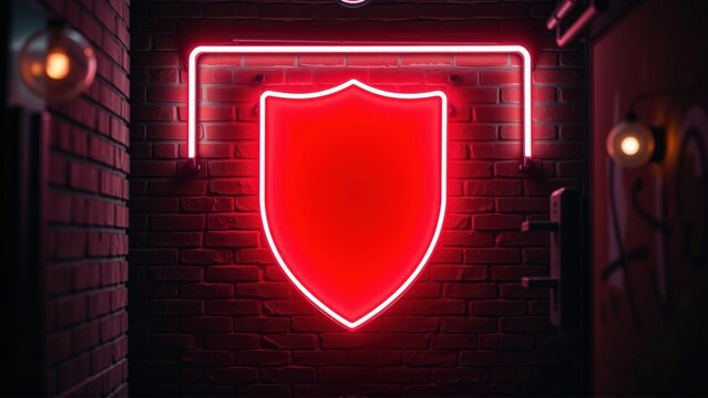 Red neon shield glows against brick wall. Dim lights flank sides, creating dramatic effect. Security symbol stands out prominently.