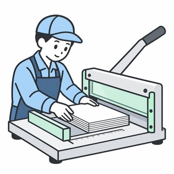Print operator aligning paper beneath a guarded cutter