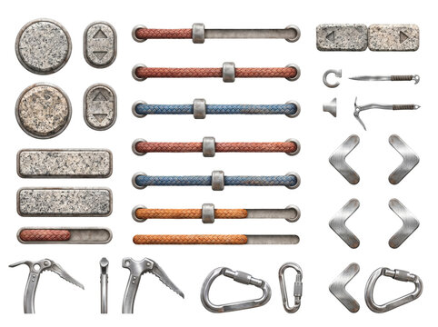 Mountaineering climbing gear icons isolated on transparent background for adventure sports and outdoor equipment design projects carabiner ice axe cutout rope hardware element clip art alpha channel