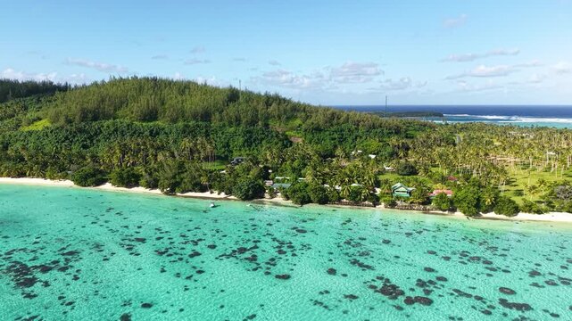 Drone View of Stunning Beach ald Landscape of French Polynesia. Turquoise Lagoon, White Sand and Green Tropical Lush