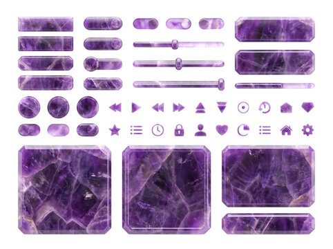 Amethyst gemstone UI kit buttons and icons isolated on transparent background for web design purple crystal texture interface cutout mineral stone glossy navigation menu shapes luxury graphic software