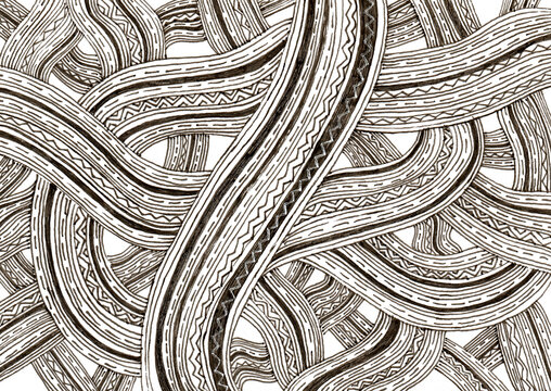 The scene shows many lines intertwining in a complex design. These lines vary in thickness and pattern, creating a visual flow. The drawing is done in black and white, with no color.
