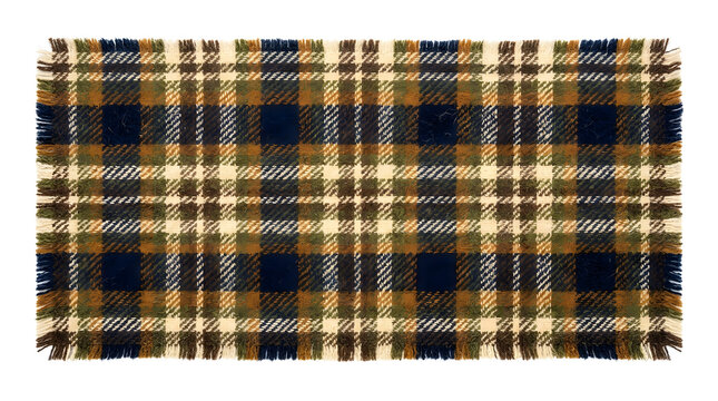 Traditional plaid rug with blue and brown checks featuring soft fringed edges isolated white background