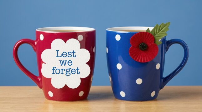 Two polka dot mugs with a poppy and lest we forget message