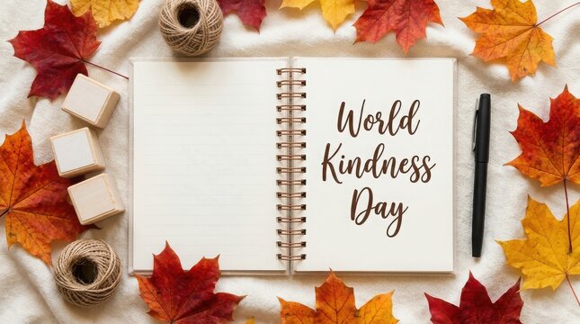 World kindness day concept with notebook and autumn leaves