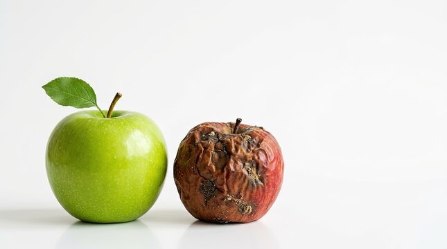 Fresh green apple and rotten red apple comparison on white background