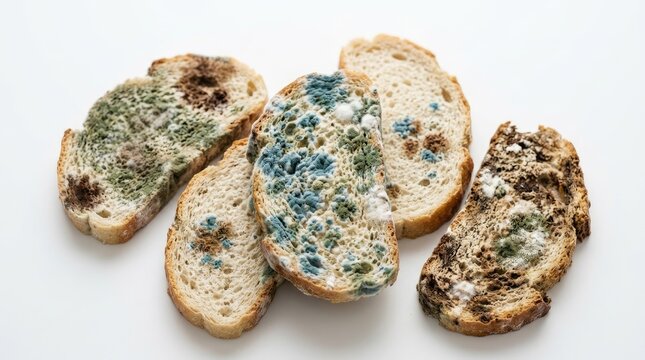 Moldy bread slices with blue and green fungus on white background