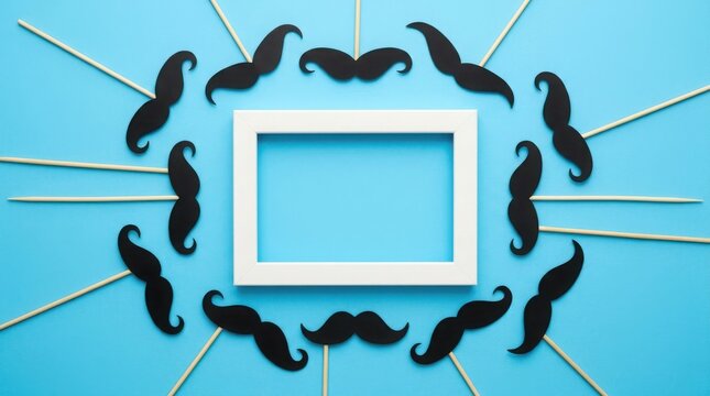 Flat lay of black mustache props arranged around a white frame