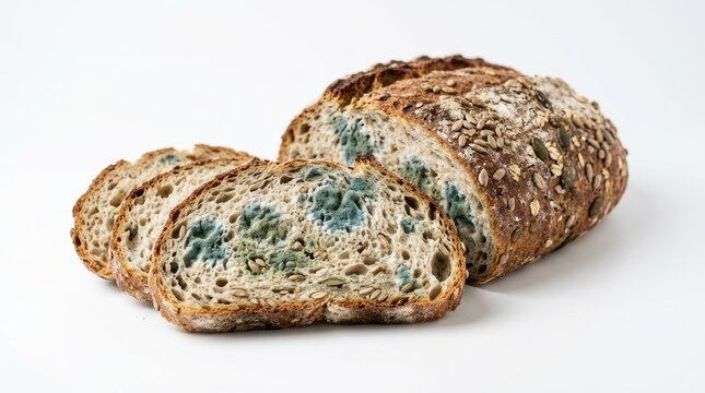 Moldy bread loaf and slices with blue-green mold and seeds on white background