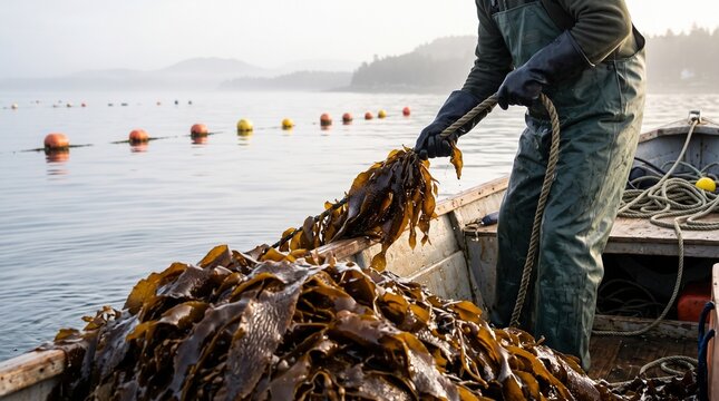 Seaweed Farmer Harvesting Kelp from Coastal Aquaculture Line