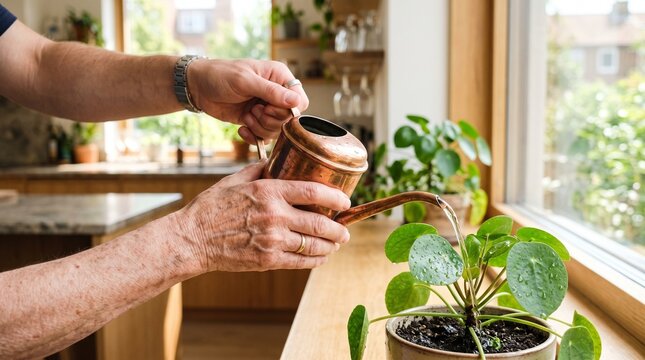 Senior Woman and Young Man Watering Plants