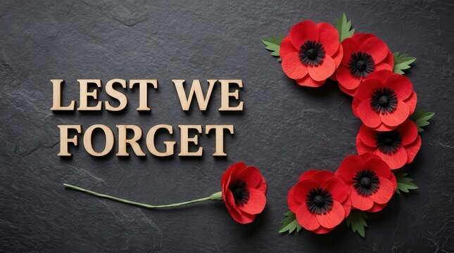 Lest we forget remembrance day poppy flowers on dark background