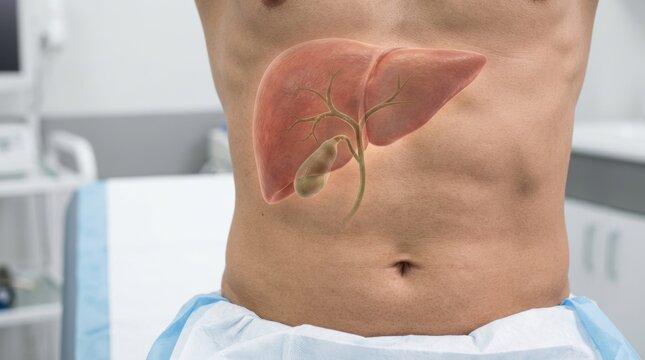 Medical visualization of the liver and gallbladder over a patient&rsquo;s abdomen in a clinic