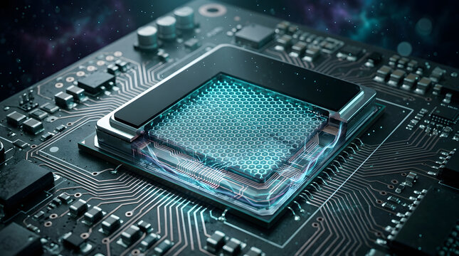 Close up of transparent microprocessor on circuit board with glowing
