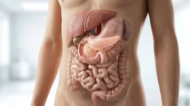 Detailed medical visualization of the human digestive system within a bare torso