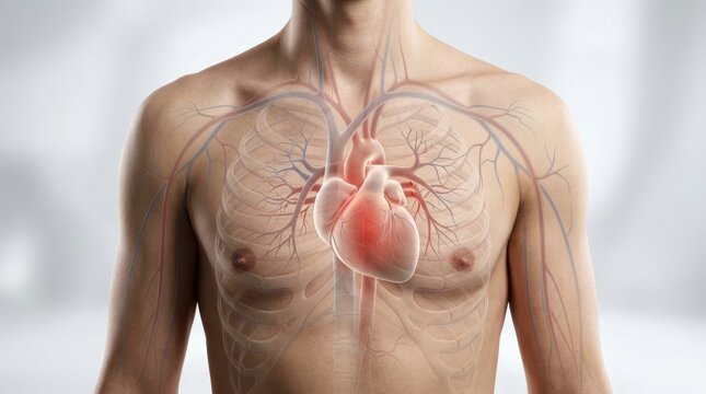 Medical anatomical illustration of the human heart and blood vessels inside the chest