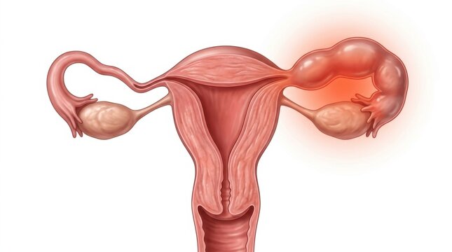 Medical illustration of the uterus, fallopian tubes, ovaries, and highlighted right-side anatomy