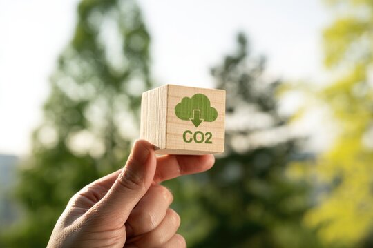 A hand holds a wooden block with a green cloud and downward arrow symbolizing CO2 reduction against a blurred natural background.