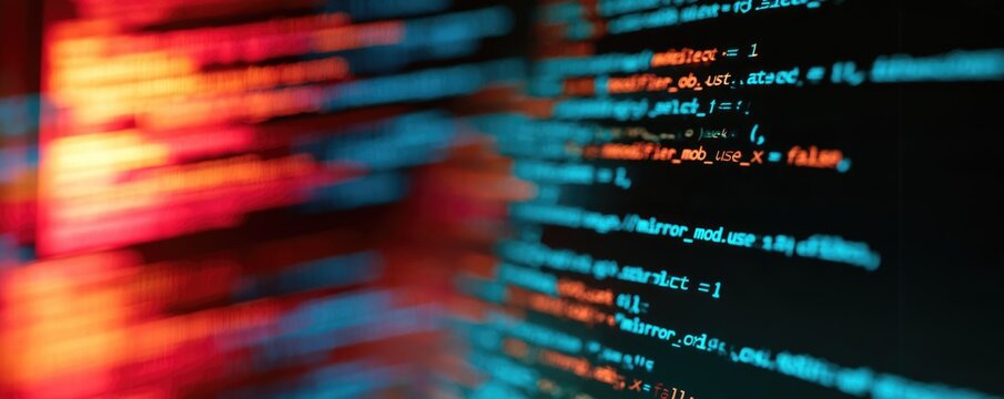 Colorful, blurred lines of programming code displayed on a dark screen, representing software development and coding in a digital environment.