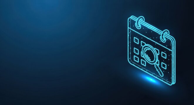 Isometric Neon Calendar Icon with Highlighted Date on Dark Background