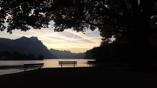 Walensee lakeside benches sit under silhouetted tree at sunset near Weesen, Switzerland, drone pushes toward glowing dusk sky and mountains.