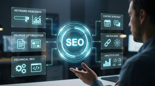 Woman analyzing search engine optimization data on digital interface