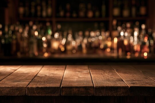 A rustic wooden bar counter with blurred bottles and warm lighting in the background creating a cozy, inviting atmosphere.
