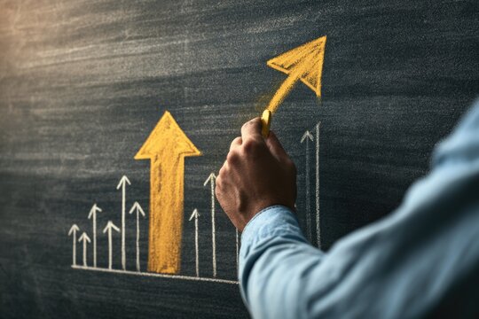 A hand draws a large yellow upward arrow on a chalkboard, symbolizing growth and progress among smaller white arrows.