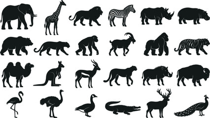 Fototapeta premium Wild animals silhouettes collection vector set featuring safari and zoo mammals birds and reptiles isolated on a clean white background