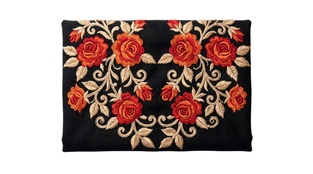 Traditional floral embroidery on black fabric, elegant red rose pattern with gold leaves, vintage style folk art textile design for fashion