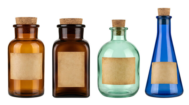 Vintage glass medicine bottles with blank paper labels and cork stoppers isolated on transparent background