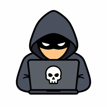 Anonymous hacker wearing hoodie with skull on laptop.