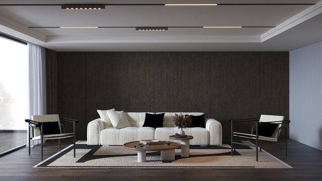 Modern Warm Minimalist Living Room and wooden wall