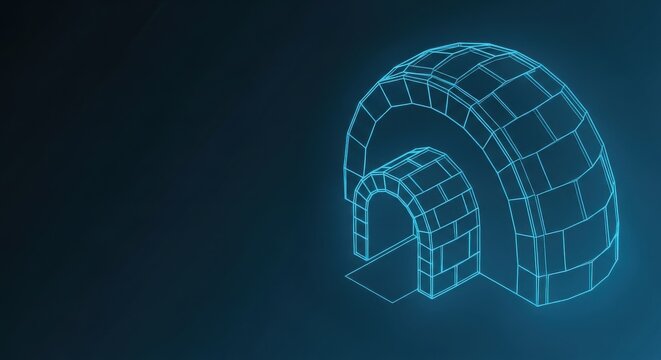 Neon blue digital wireframe igloo construction blueprint design